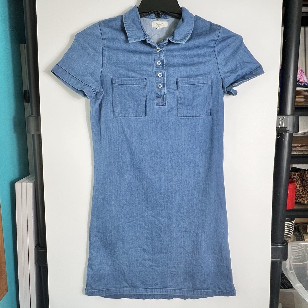 Chiqle Womens‎ Size Small Denim Shirt Dress Chambray Button Front Short Sleeve
